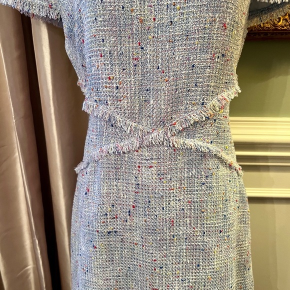 NWOT Eliza J Light Blue Tweed Sheath Dress Eyelash Fringe Trim Size 12 - Picture 10 of 11